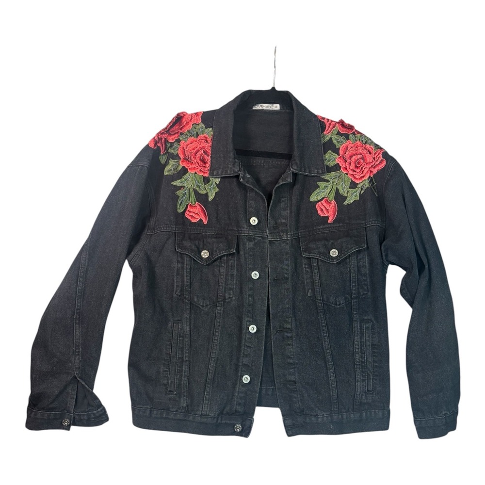 Carmar Black Denim Jacket Rose Floral Embroidered Trucker Womens‎ Size M
